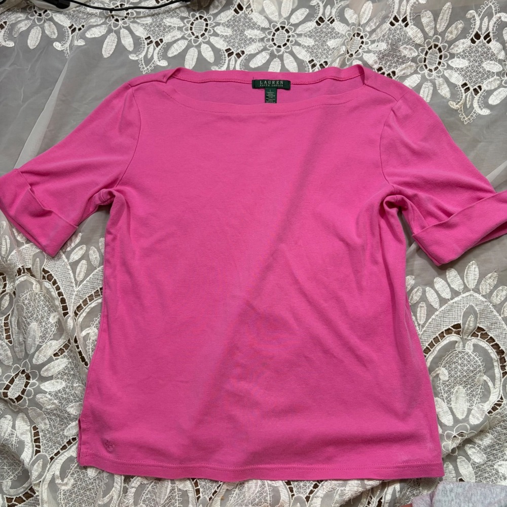 Lauren Ralph Lauren Pink Cotton Boat Neck Short Sleeve Cuffed Knit Top Large